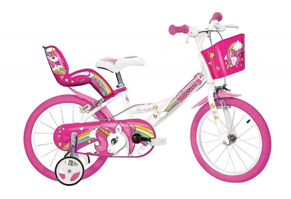 Dino Einhorn Kinderfahrrad 16" Single Speed Mädchen Fahrrad rosa mit Stabilisatoren - Bild 1 von 1