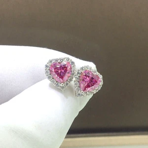 Women's 2Ct Heart Lab Created Pink Sapphire & Diamond Earrings 14k White Gold - Picture 1 of 11