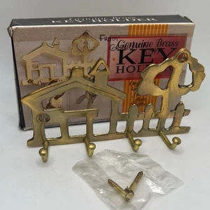 Vintage Mini Brass Metal Key Holder 4 Hooks House Fence 4.5" x 2.5" Hallway - Picture 1 of 2
