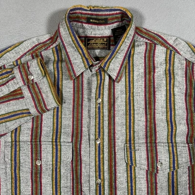 Eddie Bauer McKinley Cloth Shirt Mens M Gray Button Up Striped VTG Made in USA - Image 1 of 4