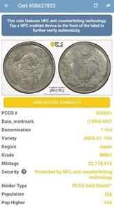(1894) M27 Japón 1 yen plata graduación profesional MS61 JNDA 01-10A #4432 - Imagen 1 de 3