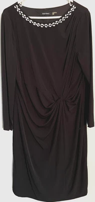 Ellen Tracy Dress Womens 16 Black Long Sleeve Embellished Jewel Neck Ruched - Image 1 of 4