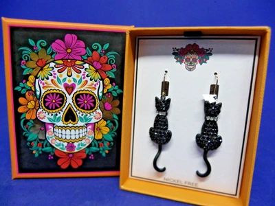 Black Cats Sparkling Earrings Rhinestone Collar Nickel Free 2" Long New in Box - Image 1 of 4