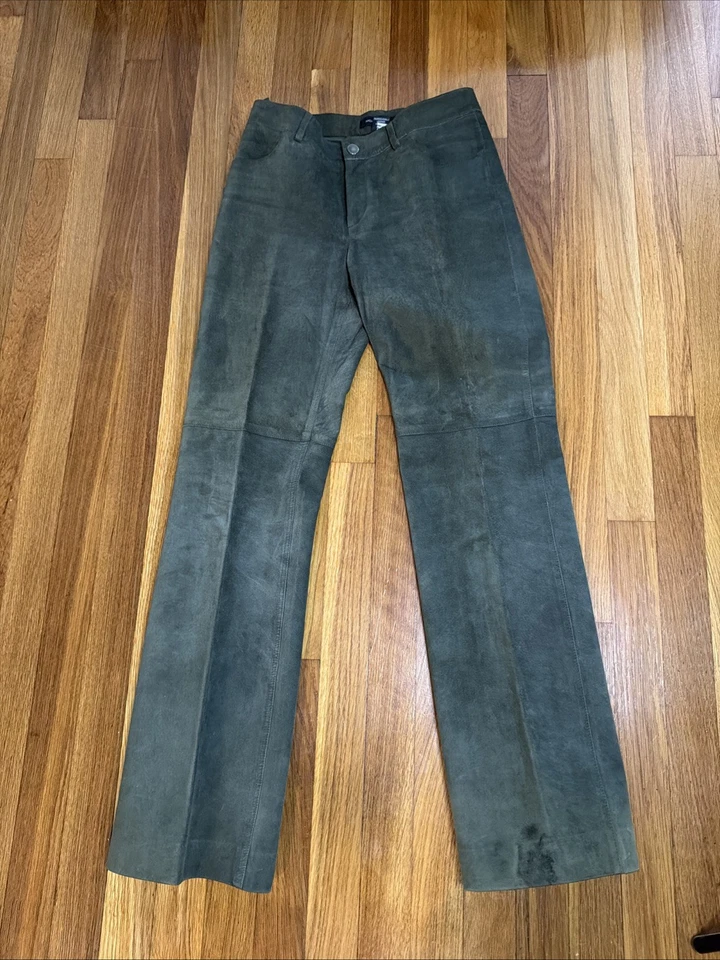Pantalones de cuero de gamuza verde musgo suave MODA INTERNATIONAL talla 2 bolsillos pierna recta Foto 1 de 4