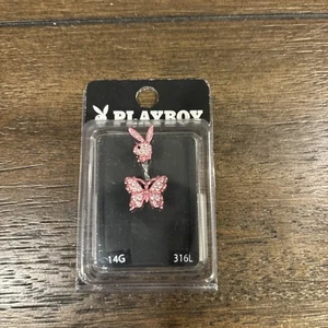 Playboy Bunny Belly Button Ring 14G 316L Steel Butterfly Pink Silver - Picture 1 of 3