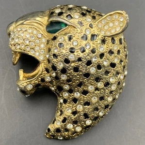 Leopardenkopf Brosche Anstecknadel Raubkatze klar Strass schwarz grün Emaille Vintage - Bild 1 von 7