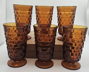VTG Amber Indiana Glass Whitehall Cubist Pedestal Drinking Tea Glasses Set Of 6 - Picture 1 of 9