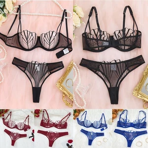 Women's Sexy Underwired Bra Set Bra Briefs Set Mesh Lingerie Set Underwear - Picture 1 of 21