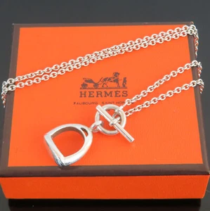Authentic VTG HERMES Amulet Sterling Silver 925 Stirrup Necklace+ Box 10.2g - Picture 1 of 14