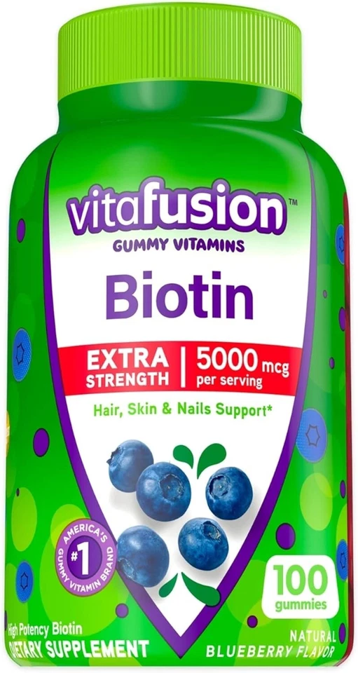 Vitafusion Extra Fuerte Biotina Gomosas Vitaminas, Arándano, 5000 mcg 100 Gomitas Foto 1 de 4