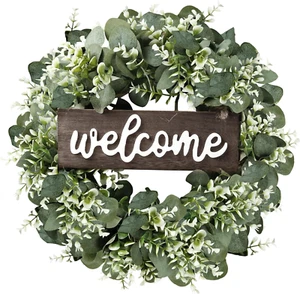 16In Artificial Eucalyptus Wreath with Welcome Sign Green Eucalyptus Leaf Wreath - Picture 1 of 12