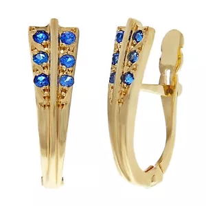 14k Yellow Gold Blue Sparkling Crystal Hinge Hoop Huggie Earrings - Picture 1 of 3