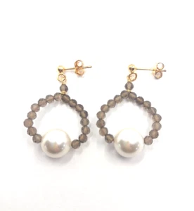 Pendientes de Plata 925 Laminado de Oro Amarillo Con Cuarzo Ahumado Y Perlas - Imagen 1 de 3