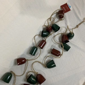 Jingle Bells Garland Christmas Holiday 2 Set Metal Green Maroon Rustic Jute New - Picture 1 of 10