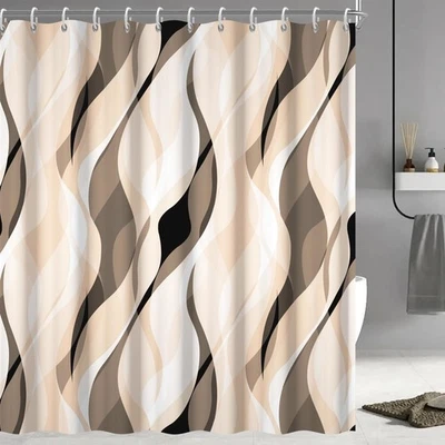72x84 Cream Shower Curtain, Modern Abstract, Cream, Grey Striped, Hooks, Long - Image 1 of 4
