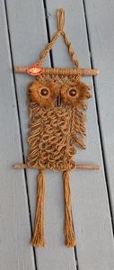 Vtg Jute Macrame Owl Wood Bead Eyes Beak On Wood Branches Wall Hanging Boho 34" - Picture 1 of 6