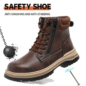 Mens Steel Toe Work Boots Leather Work Boots Safety Protective Boots brown - Picture 1 of 24