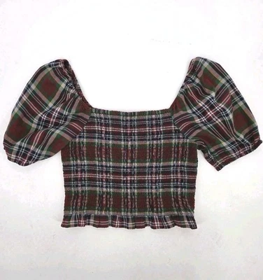 Топ American Eagle со сборками в клетку с рукавами-затяжками большой красный тартан коттеджкор  - Изображение 1 из 4