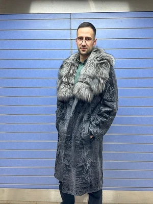 Luxury Blue-Gray Swakara Fur Long Coat Real Persian Fur Full Skin Fox Collar - Image 1 of 4