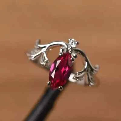 2Ct Marquise Cut Lab-Created Red Ruby Leaf Engagement Ring 14K White Gold Plated - Image 1 of 4