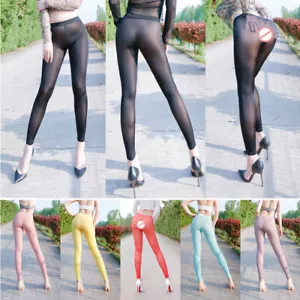 Women Yoga Legging See Through Shiny Elastic Sheer Tight Yoga Pants Slim Trouser - Picture 1 of 27