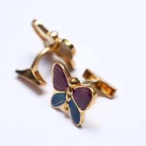 925 Sterling Silver Purple Blue Enamel Butterfly Shape Gold Plated Cufflink Gift - Picture 1 of 4