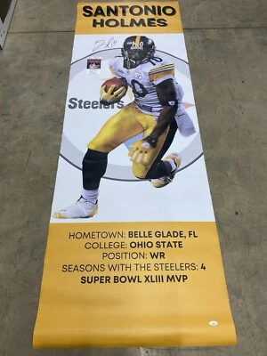 Banner autografiado de los Pittsburgh Steelers de Santonio Holmes para evento usado Foto 1 de 4