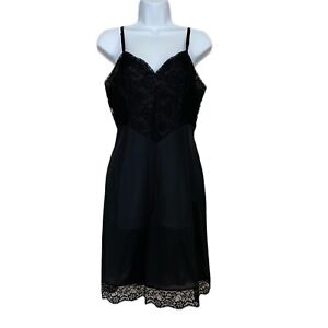 Vanity Fair Women's Black Lace & Nylon  A Lined Slip Nightie Size 34