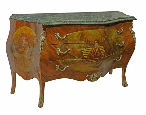 Commode, Bombe, Louis XV Style Marble-Top, Painted Scene, Brass Ormolu, 1900's! Cover