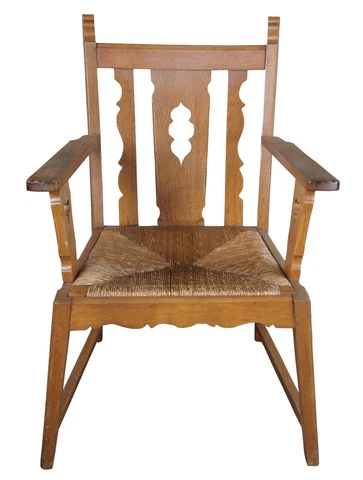 Antique Arts & Crafts Oak Rush Seat Pierced Clover Club Lounge Arm Chair 33" Cover