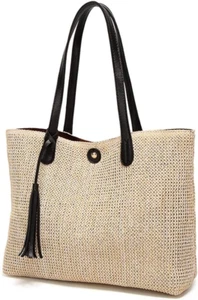 Straw Summer Beach Bag, Women Handwoven Big Tote Leather Shoulder Handbag Purse - Picture 1 of 7