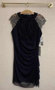 NWT Betsy & Adam B & A Navy Chiffon Beaded Cap Scallop Sleeve Dress Ruched 14 - Picture 1 of 12