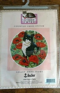 Counted Cross Stitch Kit Ivory Cats NEW "Posky In Poppies" - Picture 1 of 3