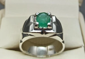 Natural 2 Ct Rich Green Zambian Emerald 925 Silver Handmade Mens Elegant Ring - Picture 1 of 13