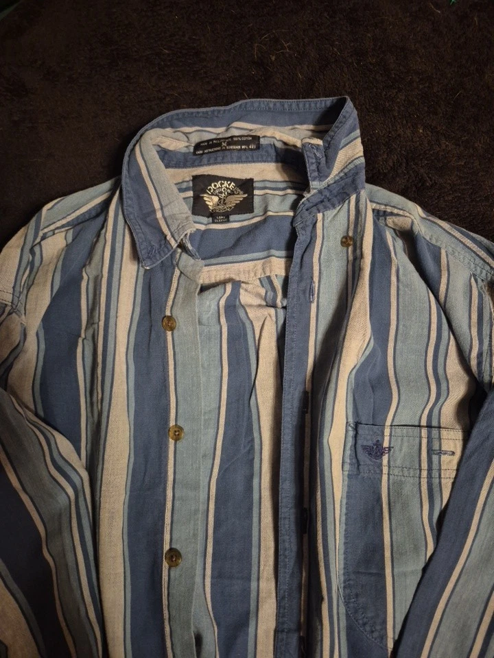Camisa De Colección Años 90 Hombres Dockers 100% Algodón Rayas Botón Manga Larga Talla Grande Azul Foto 1 de 4