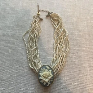 Vintage Avon Multi Strand Necklace With Rose Blue Pendant - Picture 1 of 5
