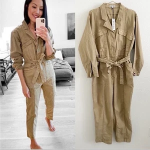 ALEX MILL Expedition Jumpsuit XL Tan Cropped Tencel Khaki Neutral Safari NEW - Picture 1 of 23