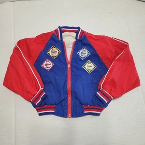 Weather Tamer Jacket Kids 4T Red Blue Baseball Patches Vintage Bomber Coat - Picture 1 of 9