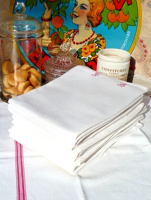 LOT de 13 ANCIENS TORCHONS en TOILE de LIN BICOLORE BRODÉE GR - Photo 1/4