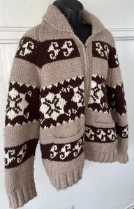 Vtg 1960s Cowichan Heavy Wool Brown Tribal Cowl Neck Sweater Talon Full Zip L/XL - Picture 1 of 10