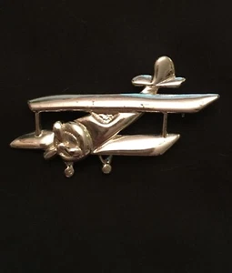 Antique Jewelry Airplane Brooch Pin Art Deco Bi PlaneTextured Silver 1 1/2”x21/2 - Picture 1 of 9