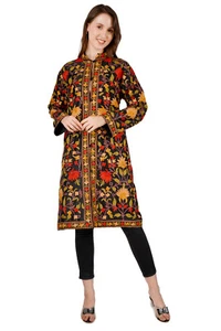 Aari Embroidered Silk Kashmiri Long Coat For Women, Summer Coat - Picture 1 of 8