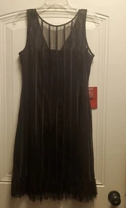 JS Collections black mesh overlay/vertical beads satin stripes/zip dress Sz 12 - Picture 1 of 8