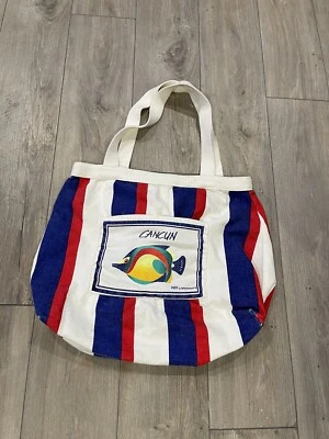 Bolso de Playa de Lona Peer By Peter Mussfeldt Años 80 México Blanco Rojo Azul Peces Tropicales Foto 1 de 4
