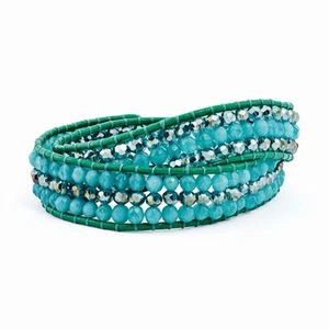 Leather Blue Zircon Quartz/Crystal Multi Wrap Brass Button Bracelet - Picture 1 of 2