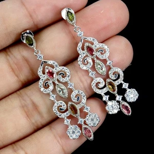 925 Sterling Silver Earrings Marquise Tourmaline 4x2mm Natural Gemstone Jewelry - Picture 1 of 13