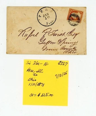 US Cover Scott # 26a - Peru, Ill. to Ohio - 1/10/1871 - CV=$225.00     (16-C257) - Image 1 of 3