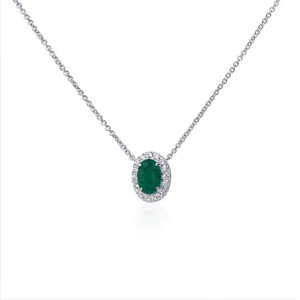 Natural Green Emerald Pendant 0.61 Ct. Oval Shape 18K White Gold - Picture 1 of 8