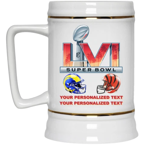 Personalized Super Bowl 56 2022 LVI Bengals Rams White 22oz Beer Mug Stein Cover