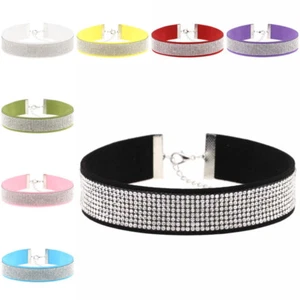 Women's Choker Necklace Velvet Rhinestones Diamond Crystal Boho Collar Girls UK - Picture 1 of 18